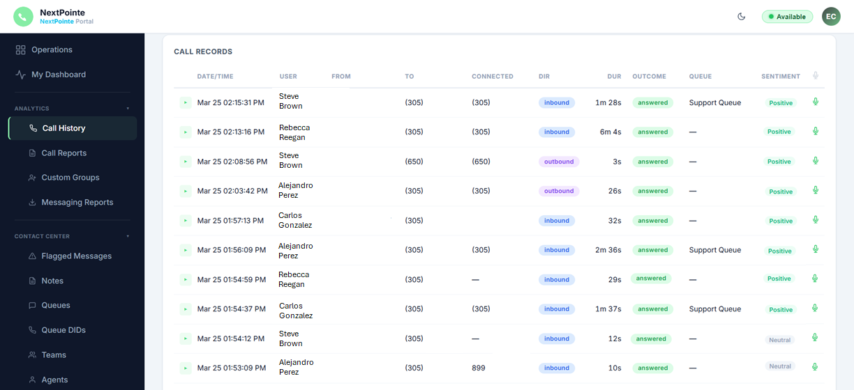 NextPointe Call History Dashboard showing call log with AI sentiment analysis scores