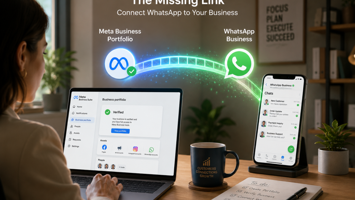 Professional working on a laptop with a verified Meta Business Portfolio connected to WhatsApp Business, illustrating the process of linking WhatsApp to a business account.