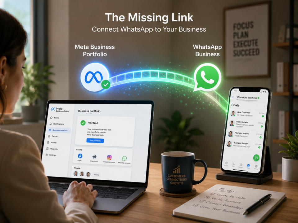Professional working on a laptop with a verified Meta Business Portfolio connected to WhatsApp Business, illustrating the process of linking WhatsApp to a business account.
