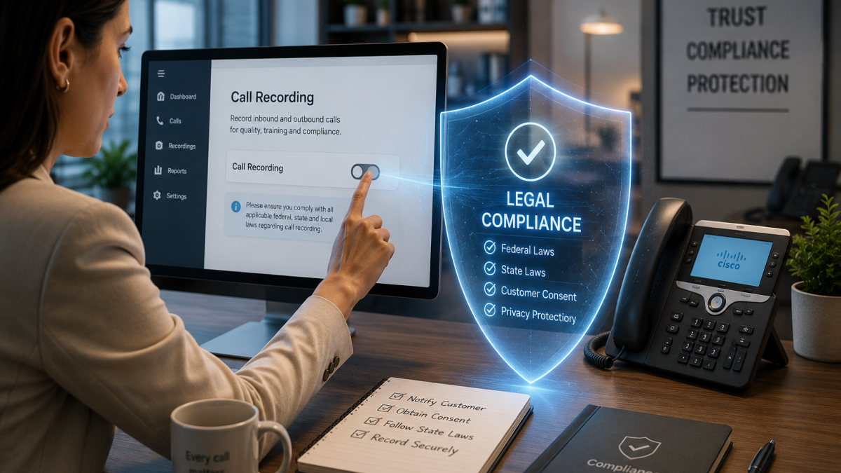 Business professional reviewing call recording settings with a legal compliance shield before enabling call recording for business phone systems.