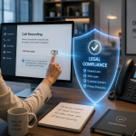 Business professional reviewing call recording settings with a legal compliance shield before enabling call recording for business phone systems.