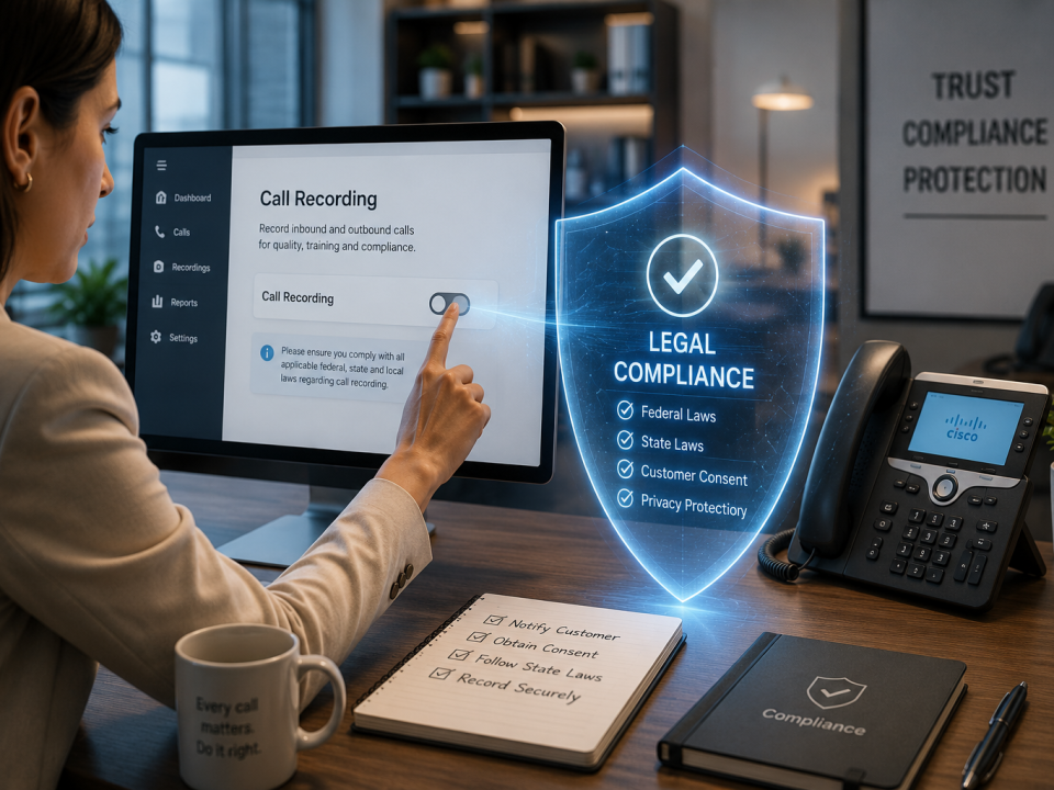 Business professional reviewing call recording settings with a legal compliance shield before enabling call recording for business phone systems.